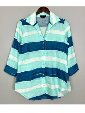 Paperwhite Striped Linen Tunic Top Women’s Size 6 Button Front Point Collar Blue